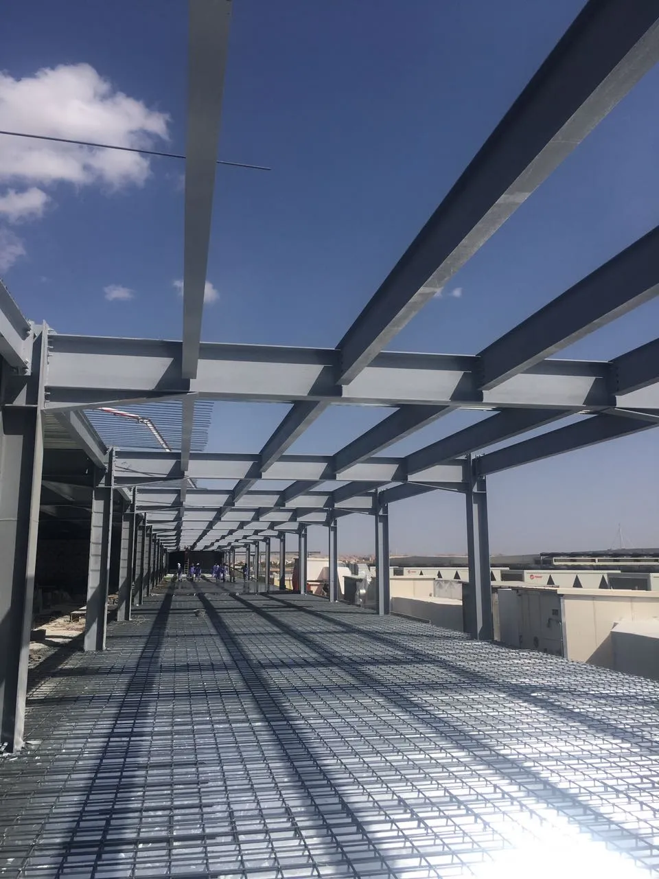 Industrial structural steel fabrication workshop